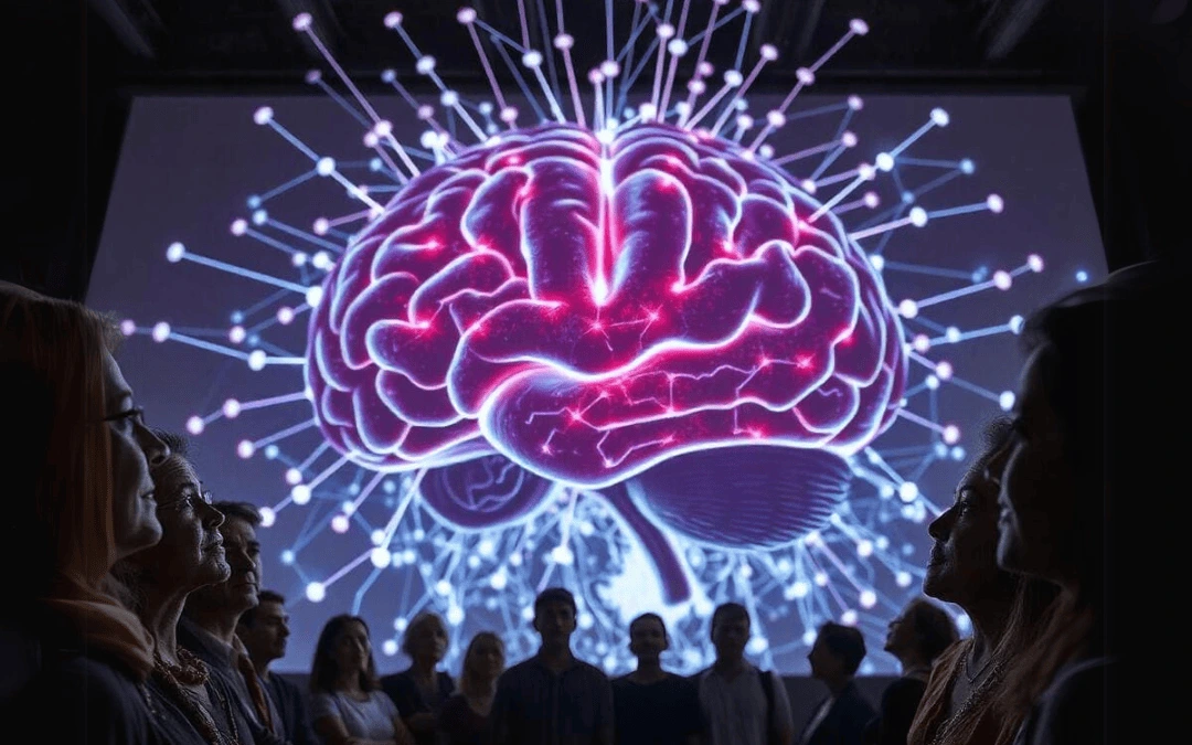 Grupo de pessoas observa uma projeção digital de um cérebro humano com conexões detalhadas, simbolizando redes neurais e inteligência artificial.