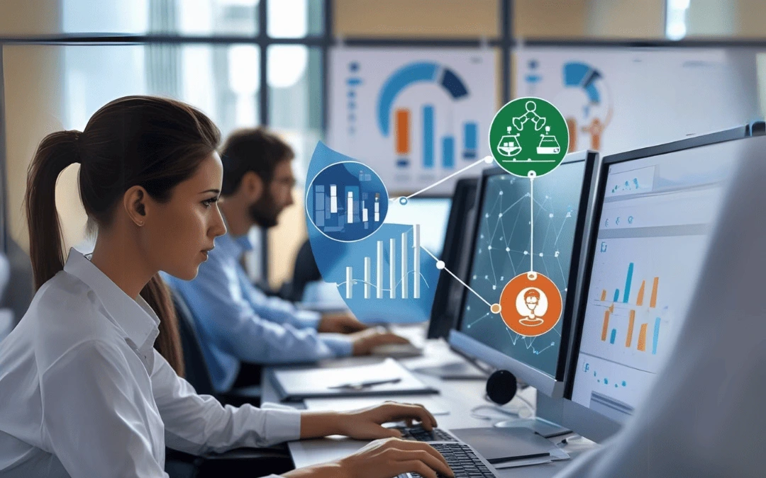 Profissionais em um ambiente corporativo analisando dados e gráficos em computadores, com ícones conectando visualmente as áreas de inovação tecnológica, governança e tomada de decisão estratégica.