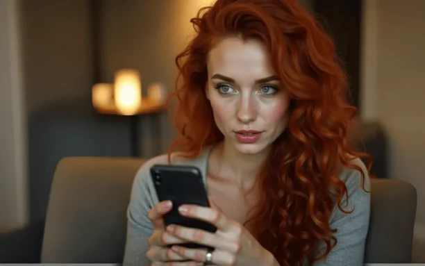 Mulher utilizando um smartphone em um ambiente iluminado, simbolizando o uso de assistentes virtuais com inteligência artificial