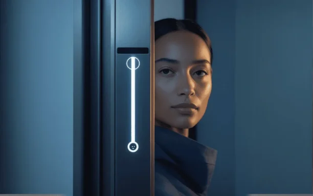 Mulher em foco ao lado de um painel digital futurista iluminado, representando a conexão entre seres humanos e inteligência artificial.