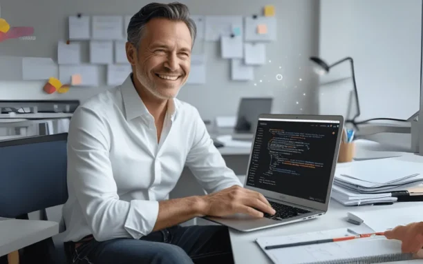Profissional sorridente utilizando um laptop com código em destaque, representando a acessibilidade do KNIME para análise de dados e automação.