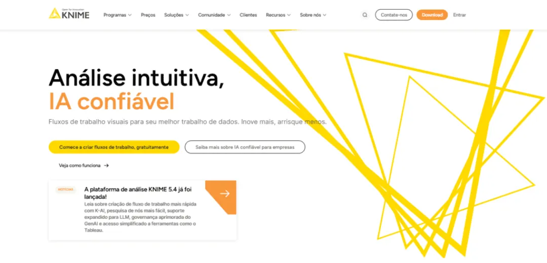 Página inicial do site KNIME destacando análise intuitiva e IA confiável, com foco em fluxos de trabalho visuais para dados.