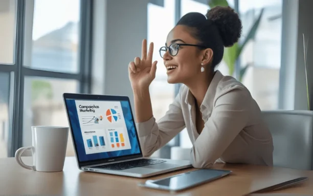 Mulher sorrindo e gesticulando enquanto analisa gráficos e métricas de marketing em um laptop.
