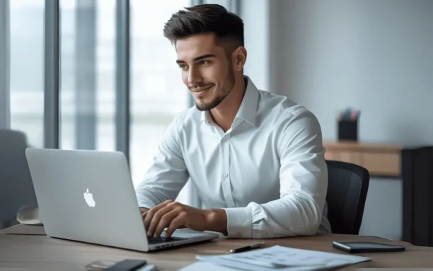 Homem sorrindo enquanto trabalha em um laptop, analisando estratégias de marketing digital com suporte de IA.