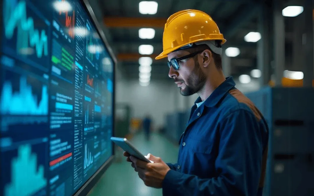 Engenheiro com capacete amarelo analisa dados em tempo real, exibidos em uma grande tela digital, enquanto utiliza um tablet em um ambiente industrial moderno