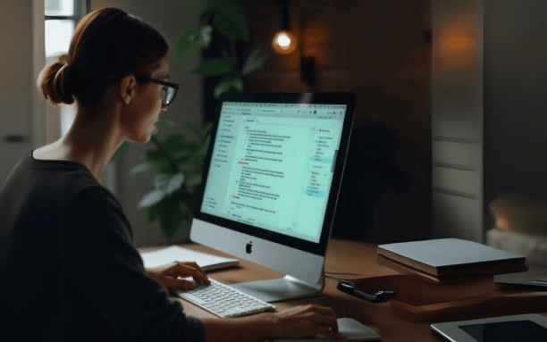 Mulher escrevendo em um computador de mesa, representando o uso de ferramentas avançadas de inteligência artificial para organização de informações
