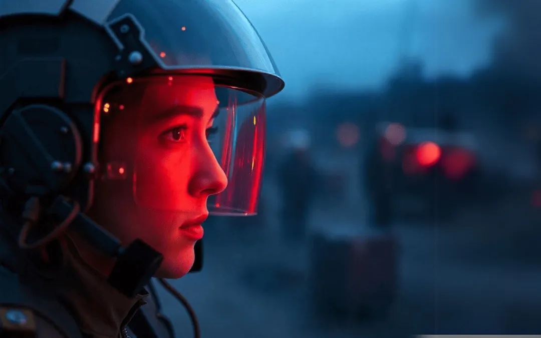 Mulher usando capacete de segurança de alta tecnologia com iluminação vermelha, ilustrando O que é Inteligência Artificial Generativa seu impacto na criação de equipamentos avançados