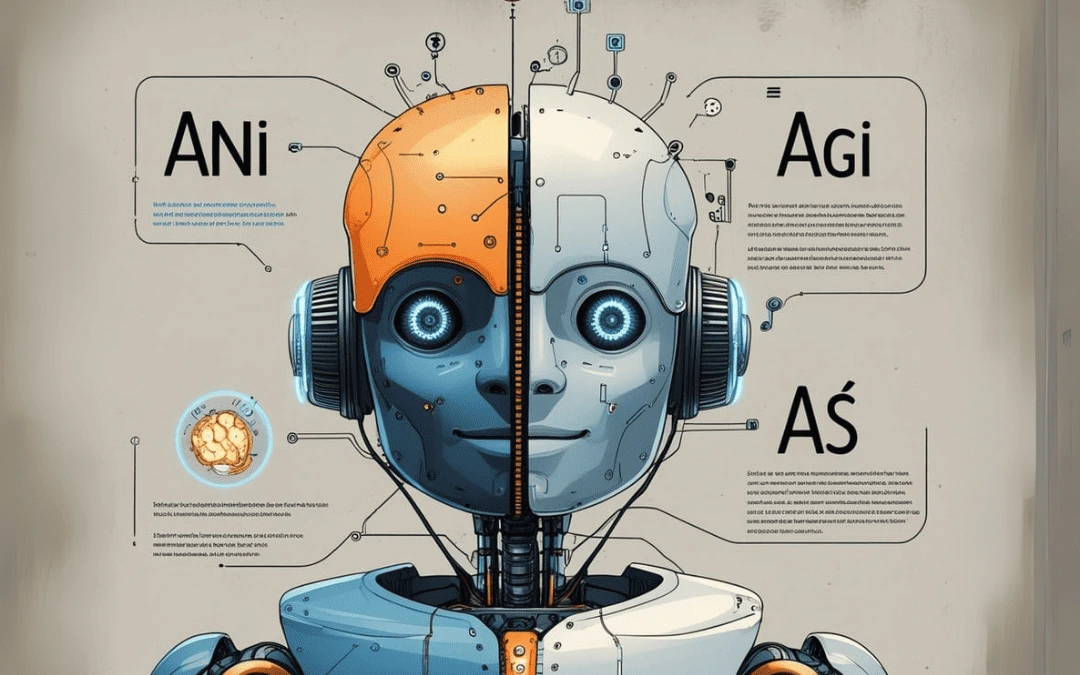 Representação visual de um robô dividido em três seções que destacam os conceitos de ANI (Inteligência Artificial Estreita), AGI (Inteligência Artificial Geral) e ASI (Superinteligência), com ilustrações e gráficos explicativos. Um exemplo de como funciona a Inteligência Artificial