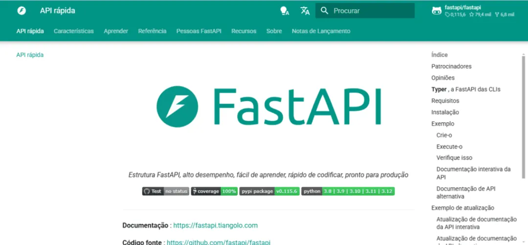 Captura de tela da página oficial do FastAPI, destacando sua documentação, código-fonte e características como alto desempenho e fácil aprendizado.