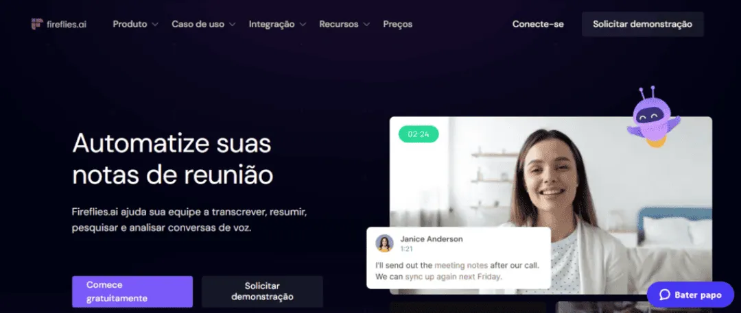 Página inicial do Fireflies destacando suas funcionalidades de automação, transcrição e análise de reuniões para equipes modernas.
