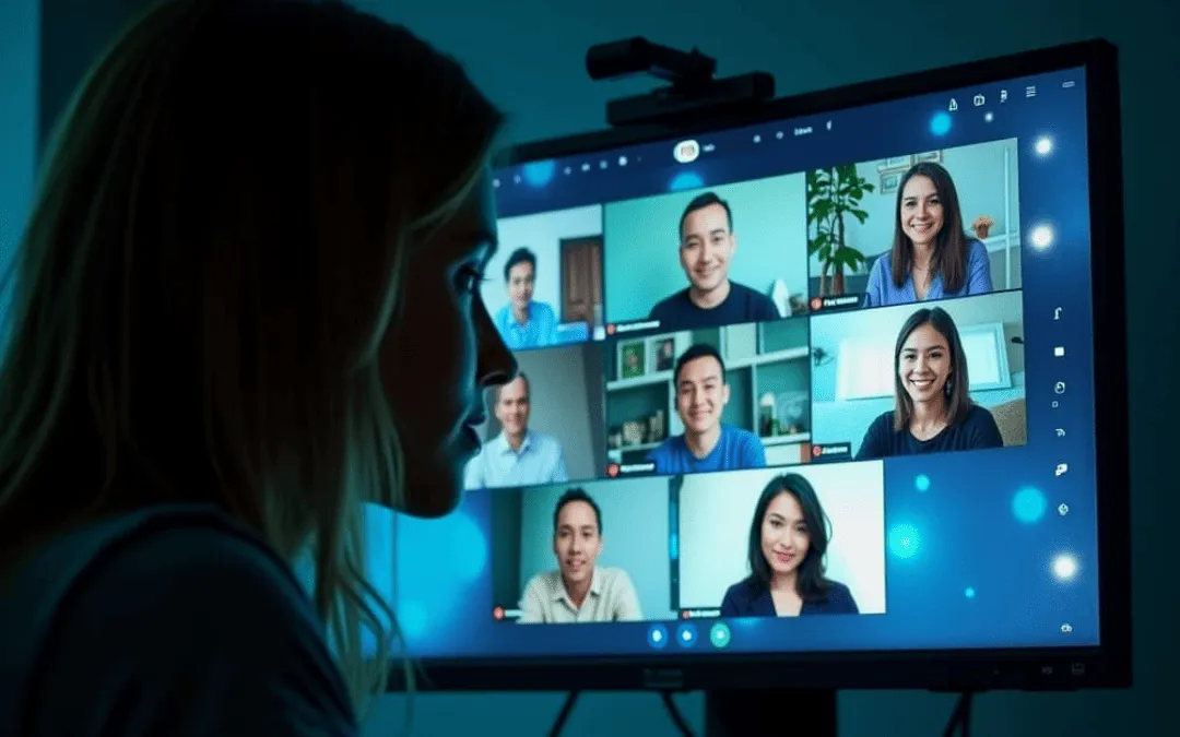 Profissional participando de uma videoconferência com várias pessoas, representando a automação de transcrição e análise de reuniões do Fireflies.