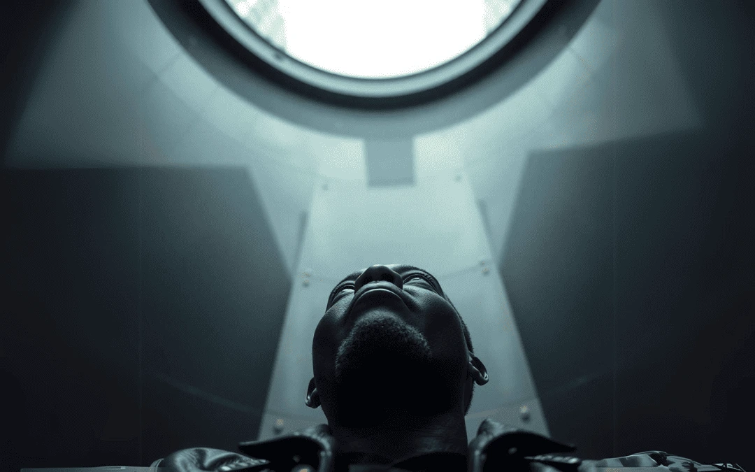 Homem em ângulo baixo, enfatizando sua expressão contemplativa enquanto olha para cima, cercada por uma estrutura arquitetônica circular que simboliza conexão e inovação. O jogo de luzes e sombras reforça a ideia de profundidade e descoberta, representando a busca incessante por novas soluções tecnológicas no campo da inteligência artificial.