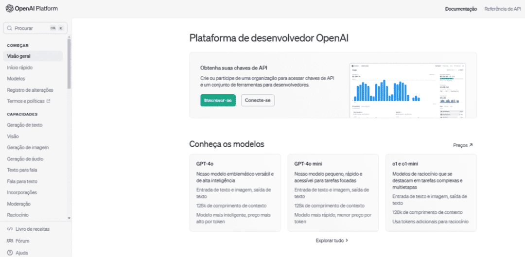 Captura de tela da plataforma do desenvolvedor OpenAI, mostrando opções de acesso às chaves da API, modelos disponíveis como GPT-4 e funcionalidades descritas.