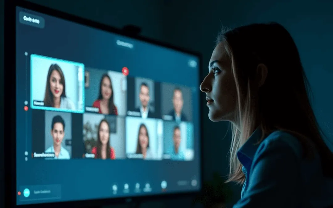 Profissional engajado em uma reunião virtual com várias pessoas, demonstrando como o Fireflies automatiza a captura e análise de conversas em tempo real.