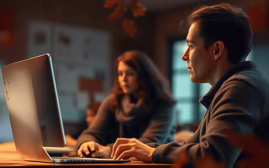 Professores utilizando computadores em um ambiente educacional, simbolizando o uso da inteligência artificial na modernização do ensino.