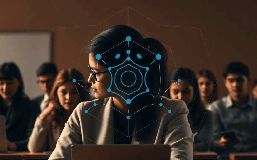 Professores utilizando computadores em um ambiente educacional, simbolizando o uso da inteligência artificial na modernização do ensino.