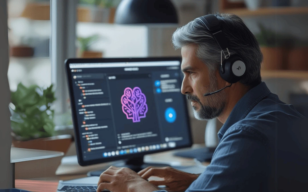 Profissional com headset trabalhando em um computador, explorando uma interface que utiliza uma API OpenAI para desenvolvimento de inteligência artificial.