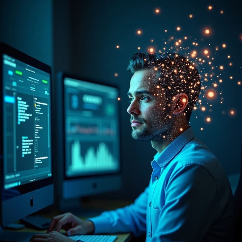 Homem em frente a monitores com dados, cercado por efeitos de luz simbolizando inteligência artificial e pensamento digital.