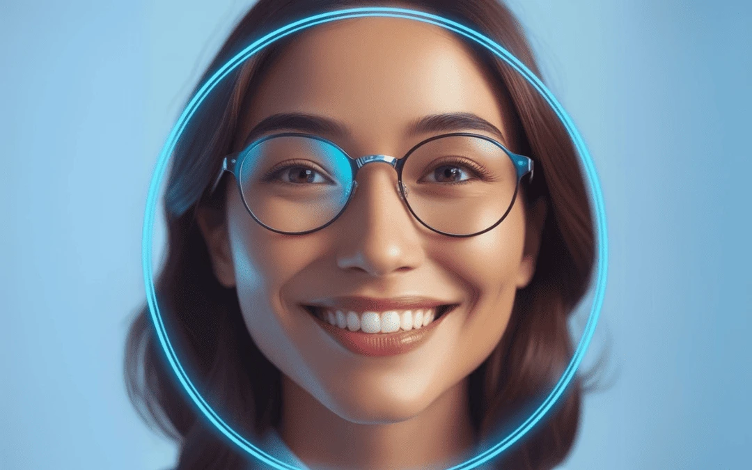Close de uma mulher sorrindo, com um círculo azul digital ao redor de seu rosto, simbolizando a tecnologia de reconhecimento facial impulsionada pela inteligência artificial.