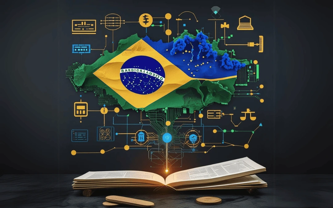 Mapa do Brasil sobre um fundo digital, com conexões tecnológicas e um livro aberto em destaque, simbolizando o marco regulatório da inteligência artificial no contexto brasileiro.