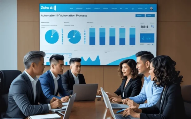 Equipe empresarial reunida em sala de conferência, utilizando painéis de análise de dados e automação de processos com Zoho AI.