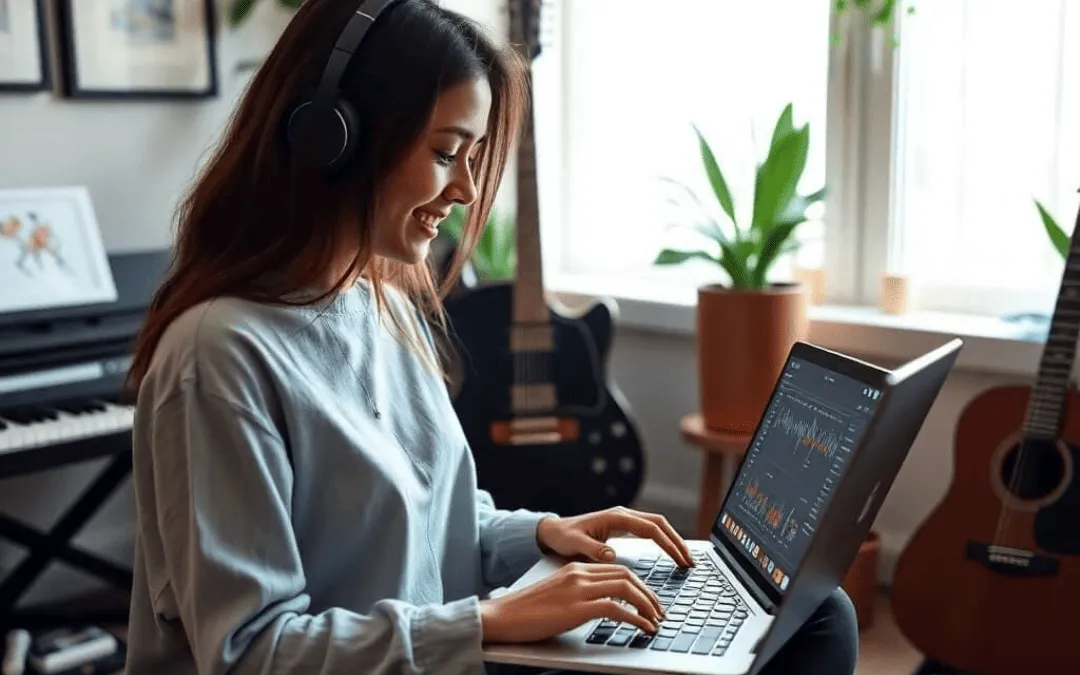 Uma jovem sorridente usando fones de ouvido, compondo música em um notebook com uma interface digital de produção musical em um ambiente criativo.