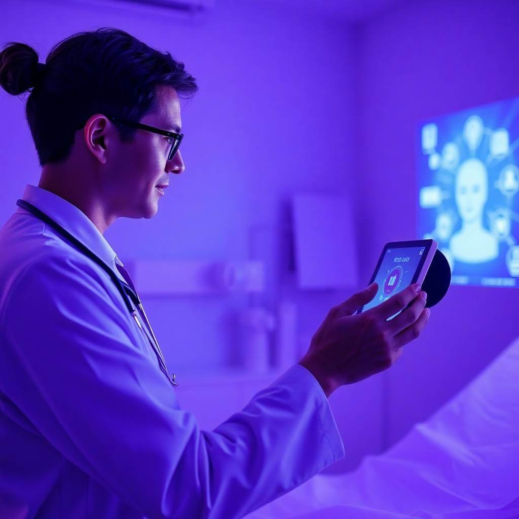 Médico segurando um dispositivo inteligente em um ambiente iluminado com tons futuristas, representando o uso da inteligência artificial no diagnóstico médico.