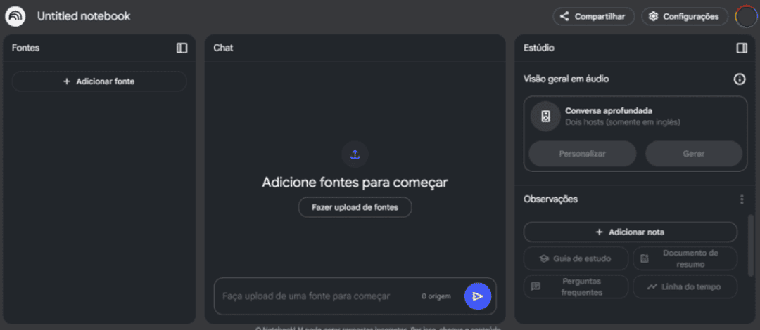 Tela inicial do NotebookLM do Google, mostrando opções para adicionar fontes, notas e visão geral em áudio.