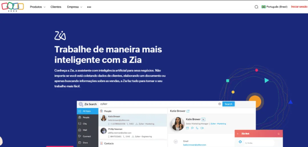 Interface do Zia, o assistente de inteligência artificial do Zoho, destacando suas funcionalidades para facilitar o trabalho corporativo, como busca de dados de clientes e automação de tarefas.