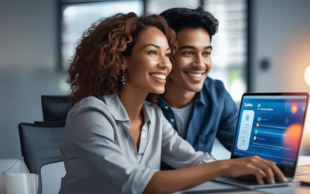 Dois profissionais sorridentes utilizando um laptop com interface do Zoho AI na tela, destacando as inovações em inteligência artificial fornecidas pela plataforma.