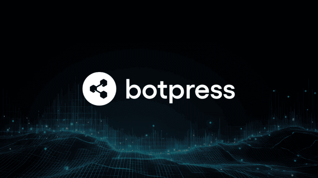 Logotipo do Botpress sobre um fundo tecnológico com ondas digitais, simbolizando inovação na criação de agentes de IA.