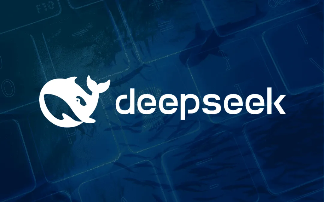 Logotipo da DeepSeek AI em fundo azul texturizado que remete a um teclado