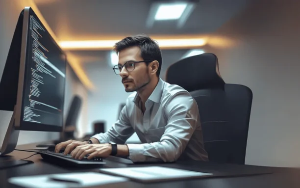 Desenvolvedor de software programando Agentes de IA, concentrado no monitoramento com códigos exibidos em um ambiente de escritório moderno.