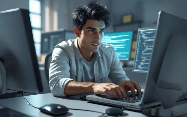 Programador projetando a arquitetura de agente de IA em um ambiente de trabalho com várias telas de código.