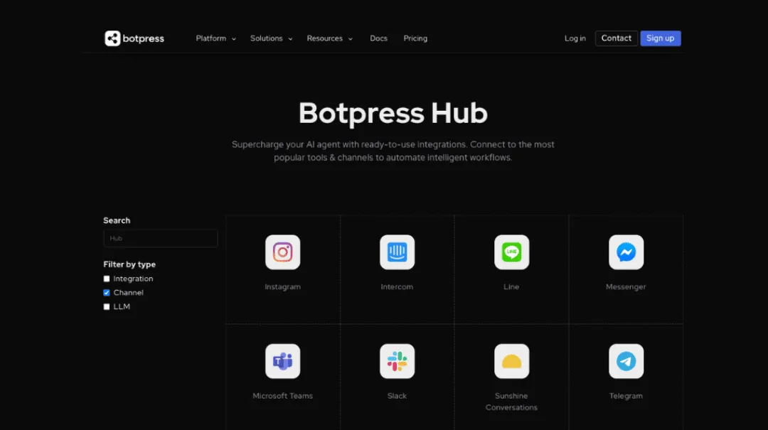 Diagrama de integrações do Botpress mostrando canais de comunicação como WhatsApp, Facebook Messenger e APIs externas conectadas ao chatbot.