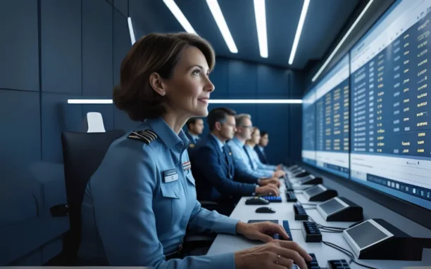 Equipe de controle aéreo utilizando sistemas automatizados baseados em inteligência artificial para monitorar tráfego aéreo e operações aeroportuárias.