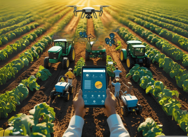 Campo agrícola moderno sendo monitorado com drones, tratores autônomos e sensores, demonstrando o uso de inteligência artificial na agricultura.