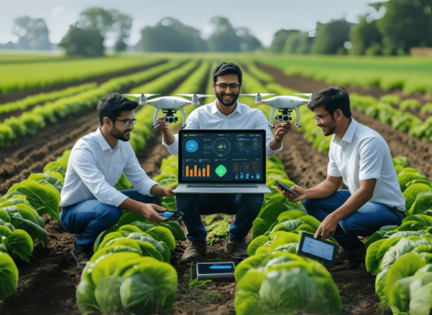 Três jovens profissionais analisam dados em uma plantação com uso de laptop, drones e sensores, simbolizando o futuro digital e inteligente das profissões agrícolas.