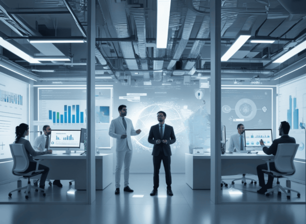 Profissionais em escritório corporativo utilizando gráficos e ferramentas de inteligência artificial para análise de dados e estratégias de mercado