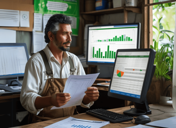 Agricultor sentado em frente a computadores com gráficos e planilhas, segurando documentos financeiros, representando a análise de crédito e investimento no agronegócio.