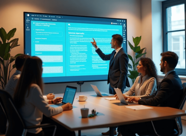 Profissional apresenta dados técnicos sobre IA em uma tela grande para um grupo de executivos em uma sala de reunião
