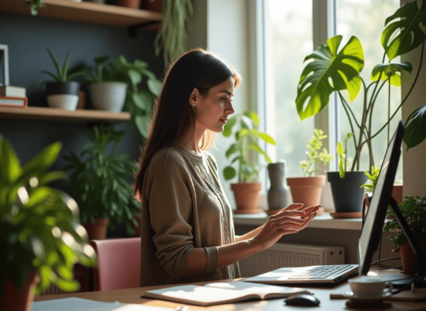 Designer e IA generativa. Uma Design em ambiente iluminado por luz natural, cercada por plantas, trabalhando com concentração em uma tela, representando evolução profissional.