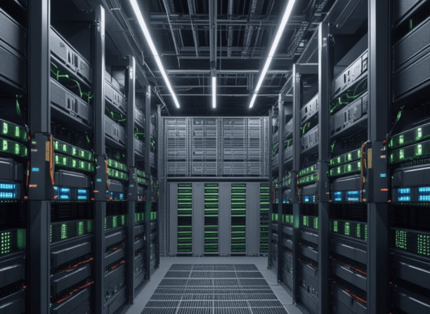 Empresas Líderes em IA 2025.
Data center com fileiras de servidores em funcionamento, representando a infraestrutura robusta necessária para suportar sistemas de inteligência artificial