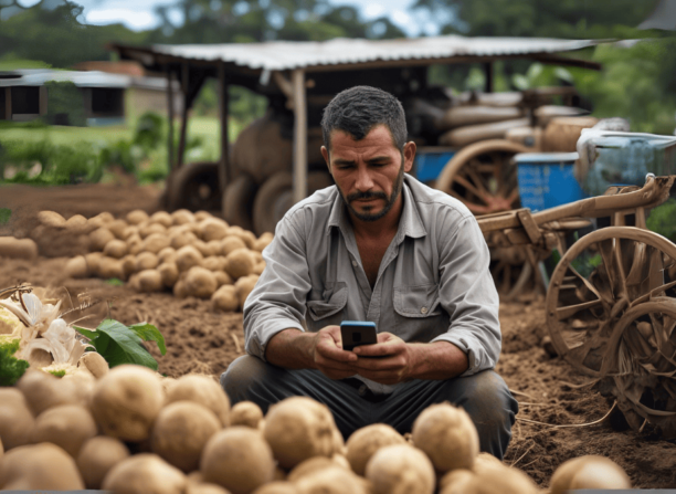Agricultor brasileiro em área rural com baixa infraestrutura, tentando usar o celular entre colheitas, refletindo os desafios da inteligência artificial na agricultura.