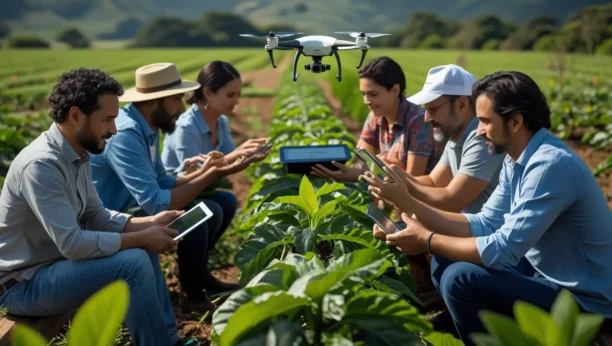 Grupo diverso de profissionais rurais e técnicos sentados entre plantações, utilizando tablets e smartphones, com um drone sobrevoando a área, representando parcerias tecnológicas entre startups, empresas e governo.