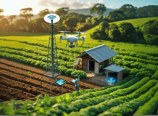 Agricultor operando tablet em plantação com torre de internet e drone sobrevoando, representando o uso de tecnologias de conectividade no campo.