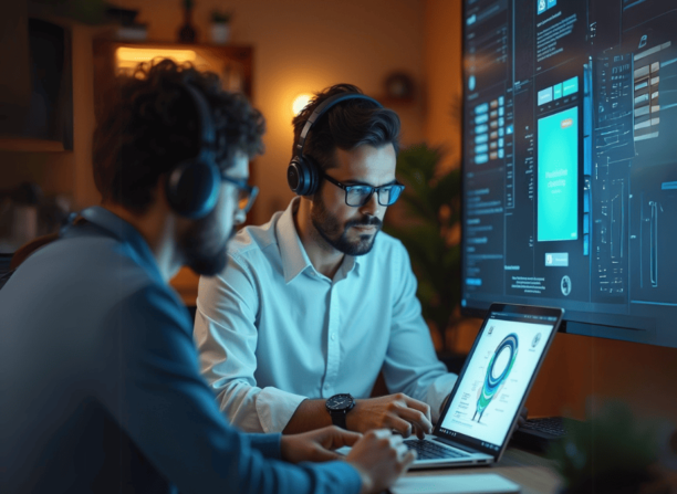 IA generativa no Design. Dois designers trabalhando juntos com fones de ouvido, analisando variações visuais geradas por IA em notebooks e uma tela grande de interface gráfica.