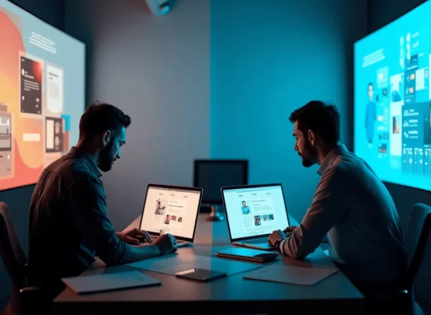 Dois designers trabalham em laptops, lado a lado, com interfaces digitais projetadas nas paredes, representando a interação entre humano e IA.