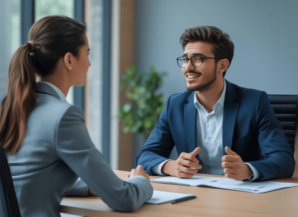 Jovem de terno sorri confiantemente durante uma entrevista de emprego, demonstrando fortes habilidades de comunicação para a entrevistadora em um escritório moderno