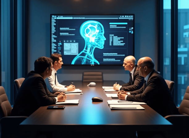 Reunião entre executivos em uma sala corporativa, com uma tela exibindo gráficos técnicos sobre inteligência artificial e riscos associados.

